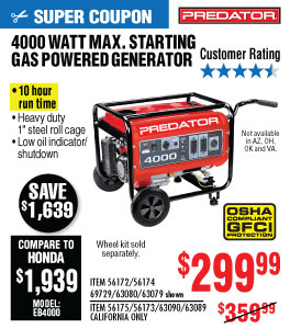 View 4000 Max Starting/3200 Running Watts, 6.5 HP  (212cc) Generator EPA III with GFCI Outlet Protection