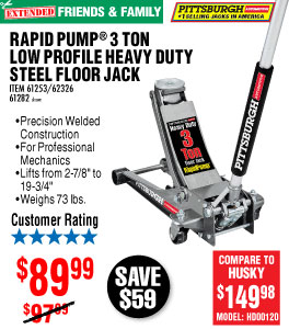 3 ton Low Profile Steel Heavy Duty Floor Jack with
Rapid Pump