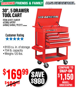 30 in. 5 Drawer Glossy Red Tool Cart