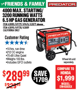 4000 Max Starting/3200 Running Watts, 6.5 HP (212cc)
Generator EPA III with GFCI Outlet Protection 