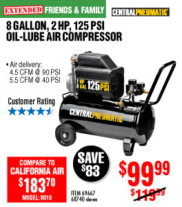 8 gal.  2 HP 125 PSI Oil Lube Air Compressor