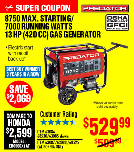 8750 Max Starting/7000 Running Watts, 13 HP  (420cc) Generator EPA III with GFCI Outlet Protection