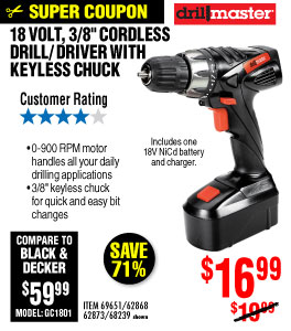 18 Volt 3/8 in. Cordless Drill/Driver With Keyless
Chuck, 21 Clutch Settings