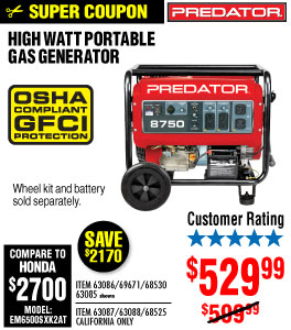 8750 Max Starting/7000 Running Watts, 13 HP (420cc)
Generator EPA III with GFCI Outlet Protection