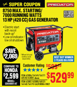 View 8750 Max Starting/7000 Running Watts, 13 HP  (420cc) Generator EPA III with GFCI Outlet Protection