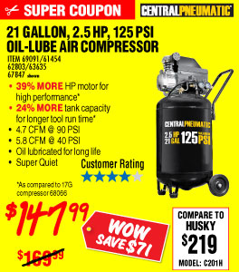 21 gal. 2-1/2 HP 125 PSI Cast Iron Vertical Air Compressor