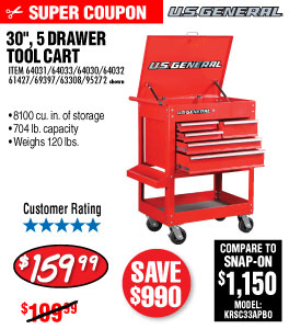 30 in. 5 Drawer Glossy Red Tool Cart