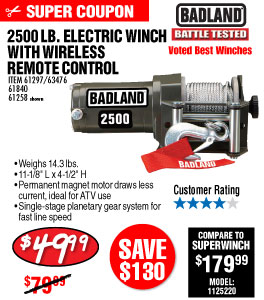 2500 lb. ATV/Utility Electric Winch with Wireless
Remote Control