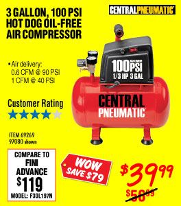 3 gal. 1/3 HP 100 PSI Oil-Free Hotdog Air Compressor