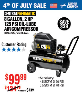 8 gal. 2 HP 125 PSI Oil Lube Air Compressor