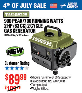 900 Peak/700 Running Watts, 2 HP (63cc) 2 Cycle Gas
Generator EPA/CARB