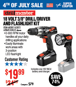 18 Volt 3/8 in. Cordless Drill/Driver And Flashlight
Kit
Generator EPA/CARB