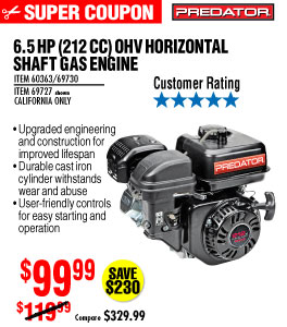 6.5 HP (212cc) OHV Horizontal Shaft Gas Engine EPA