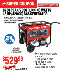 8750 Peak/7000 Running Watts, 13 HP (420cc) Generator
CARB