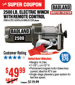 2500 lb. ATV/Utility Electric Winch with Wireless
Remote Control