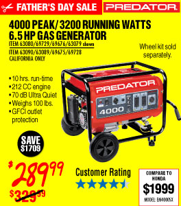 4000 Peak/3200 Running Watts, 6.5 HP (212cc) Generator EPA III with GFCI Outlet Protection