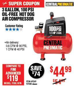 3 gal. 1/3 HP 100 PSI Oilless Hotdog Air Compressor