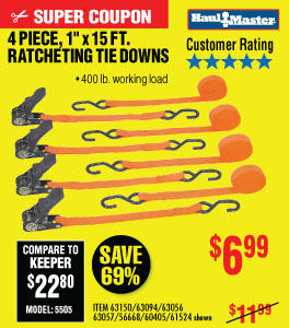 400 lbs. Capacity 1 in. x 15 ft. Ratcheting Tie Downs 4 Pk