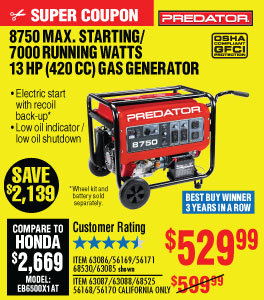 8750 Max Starting/7000 Running Watts, 13 HP  (420cc) Generator EPA III with GFCI Outlet Protection