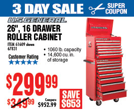 26 in., 16 Drawer Glossy Red Roller Cabinet Combo