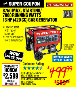 View 8750 Max Starting/7000 Running Watts, 13 HP  (420cc) Generator EPA III with GFCI Outlet Protection