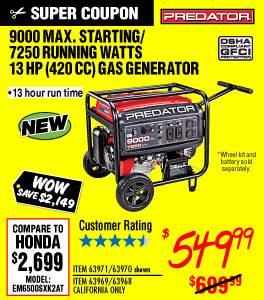 View 9000 Max Starting/7250 Running Watts, 13 HP  (420cc) Generator CARB with GFCI Outlet Protection