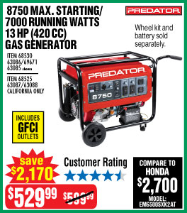 8750 Max Starting/7000 Running Watts, 13 HP (420cc) Generator CARB with GFCI Outlet Protection