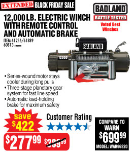 12000 lb. Off-Road Vehicle Electric Winch with Automatic
Load-Holding Brake
Remote Control