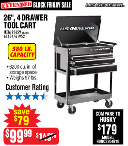 6 in. 4 Drawer 580 lb. Capacity Glossy Black Roller
Cart