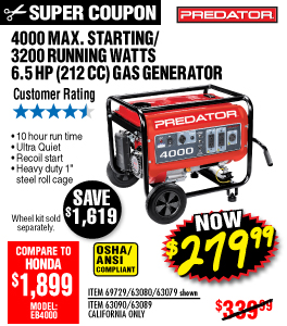 4000 Max Starting/3200 Running Watts, 6.5 HP  (212cc) Generator EPA III with GFCI Outlet Protection