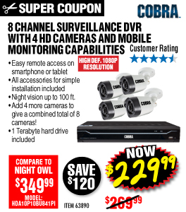 8 Channel Surveillance DVR with 4 HD Cameras and Mobile Monitoring Capabilities