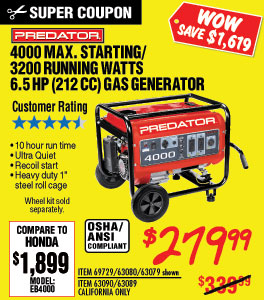 4000 Max Starting/3200 Running Watts, 6.5 HP (212cc) Generator EPA III with GFCI Outlet Protection