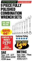 9 Pc Fully Polished SAE Combination Wrench Set