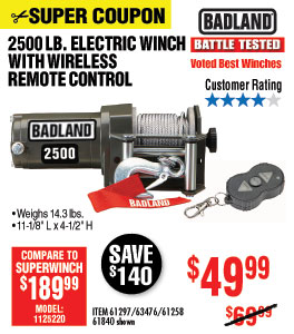 2500 lbs. ATV/Utility Electric Winch with Wireless Remote Control