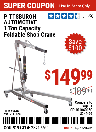 1 Ton Capacity Foldable Shop Crane