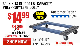 30 In x 18 In 1000 lb. Capacity Polypropylene Dolly