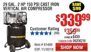 29 gal. 2 HP 150 PSI Cast Iron Vertical Air Compressor