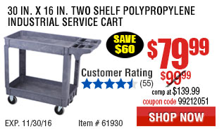 30 In. x 16 In. Two Shelf Polypropylene Industrial Service Cart