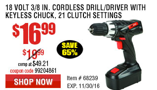 18 Volt 3/8 in. Cordless Drill/Driver With Keyless Chuck, 21 Clutch Settings