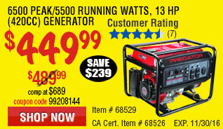 6500 Peak/5500 Running Watts, 13 HP  (420cc) Generator