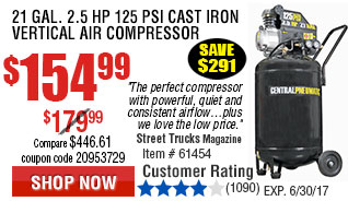 21 gal. 2.5 HP 125 PSI Cast Iron Vertical Air Compressor