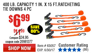 400 lb. Capacity 1 in. x 15 ft. Ratcheting Tie Downs 4 Pc