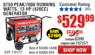8750 Peak/7000 Running Watts, 13 HP  (420cc) Generator EPA III with GFCI Outlet Protection