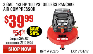 3 gal. 1/3 HP 100 PSI Oilless Pancake Air Compressor