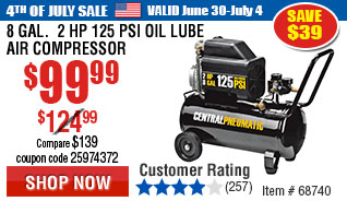 8 gal.  2 HP 125 PSI Oil Lube Air Compressor