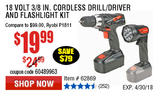 18 Volt 3/8 in. Cordless Drill/Driver And Flashlight Kit