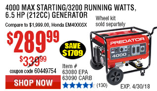 4000 Max Starting/3200 Running Watts, 6.5 HP  (212cc) Generator EPA III with GFCI Outlet Protection
