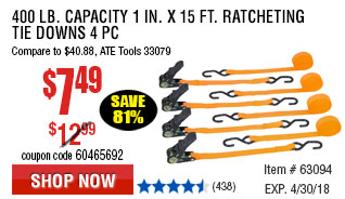 400 lb. Capacity 1 in. x 15 ft. Ratcheting Tie Downs 4 Pc