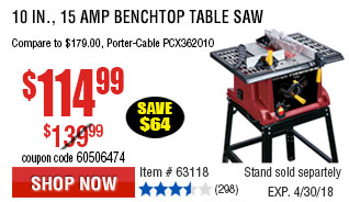 10 in., 15 Amp Benchtop Table Saw
