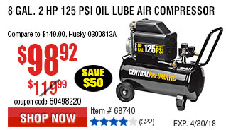 8 gal.  2 HP 125 PSI Oil Lube Air Compressor